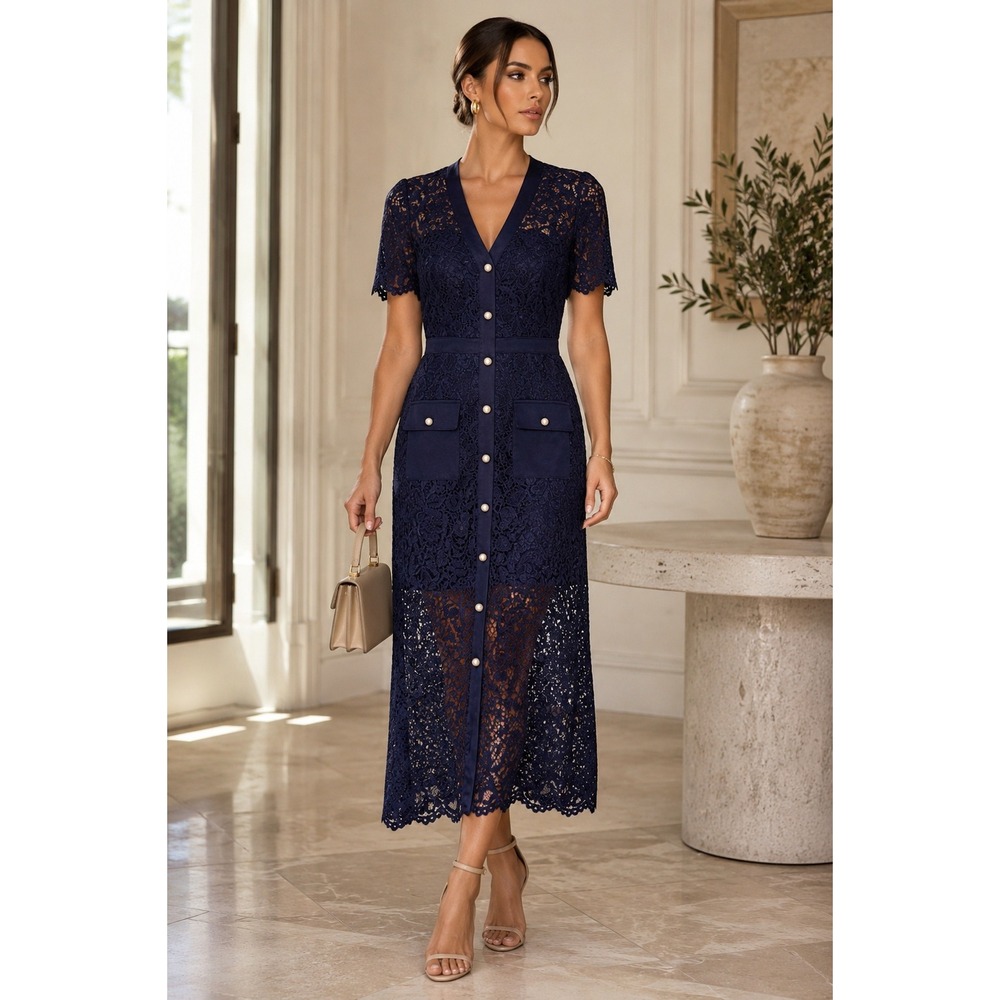NWT Sam Edelman Navy Lace Midi Dress with Pearl Accents (MSRP: $148) Size 6